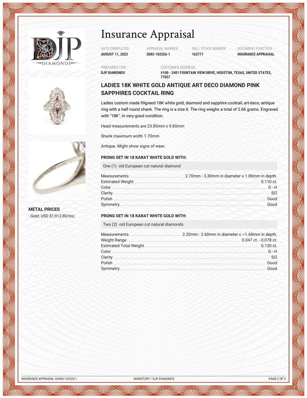 Ladies 18K White Gold Antique Art Deco Diamond Pink Sapphires Cocktail Ring 3