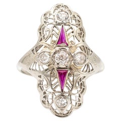 Ladies 18K White Gold Antique Art Deco Diamond Pink Sapphires Cocktail Ring