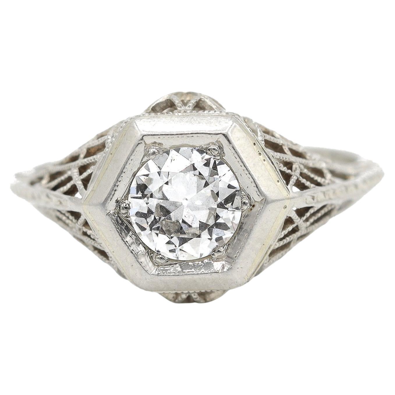 Ladies 18K White Gold Art Deco Diamond Engagement Ring