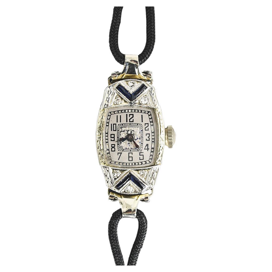 Ladies' 18K White Gold Art Deco Diamond & Sapphire Watch For Sale
