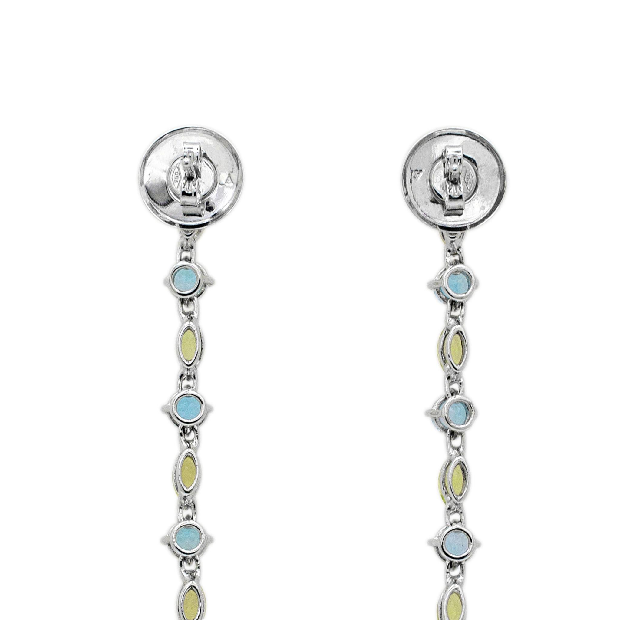 Women's Ladies 18K White Gold Blue & Green Topaz Cocktail Drop Dangle Earrings For Sale