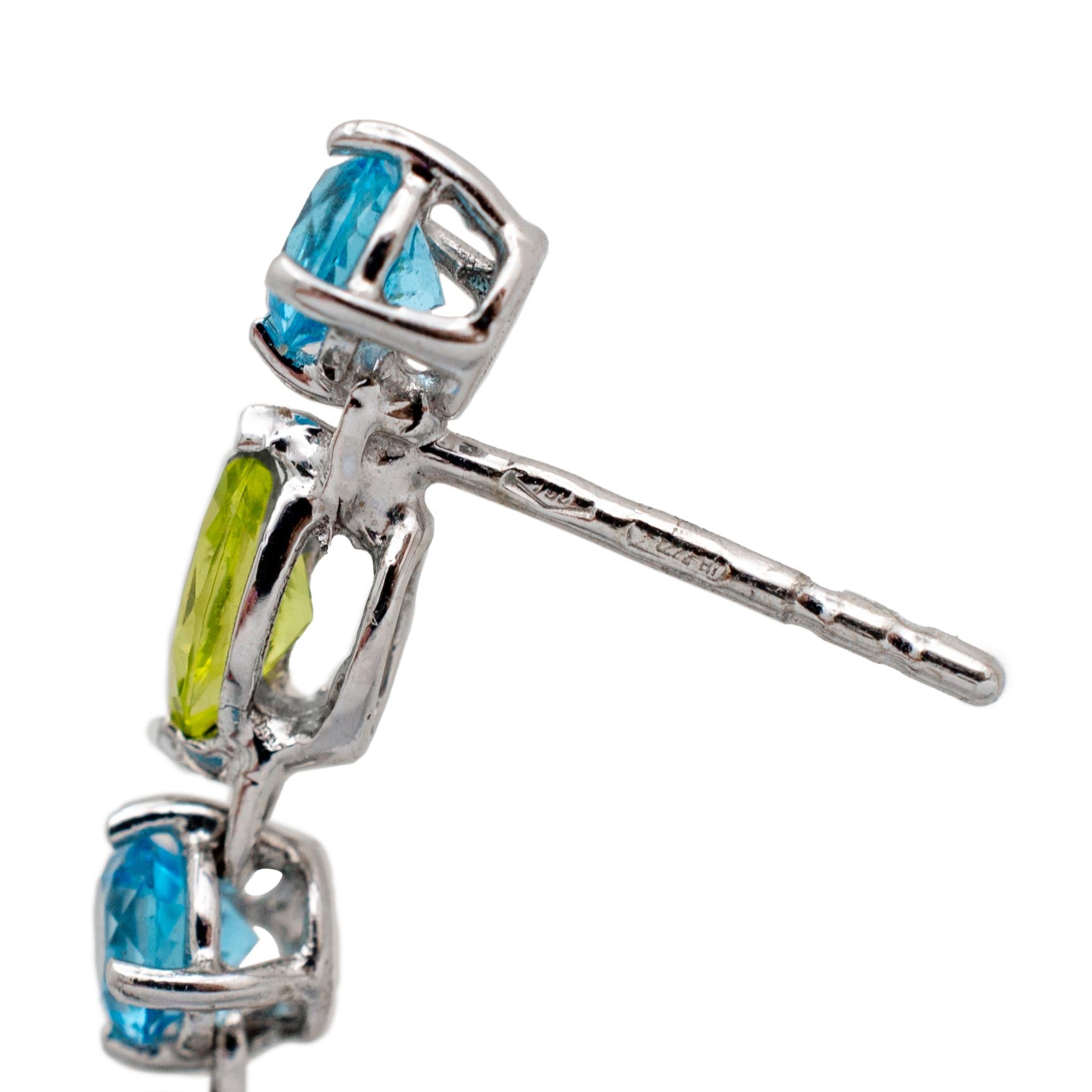 Ladies 18K White Gold Blue & Green Topaz Cocktail Drop Dangle Earrings For Sale 1