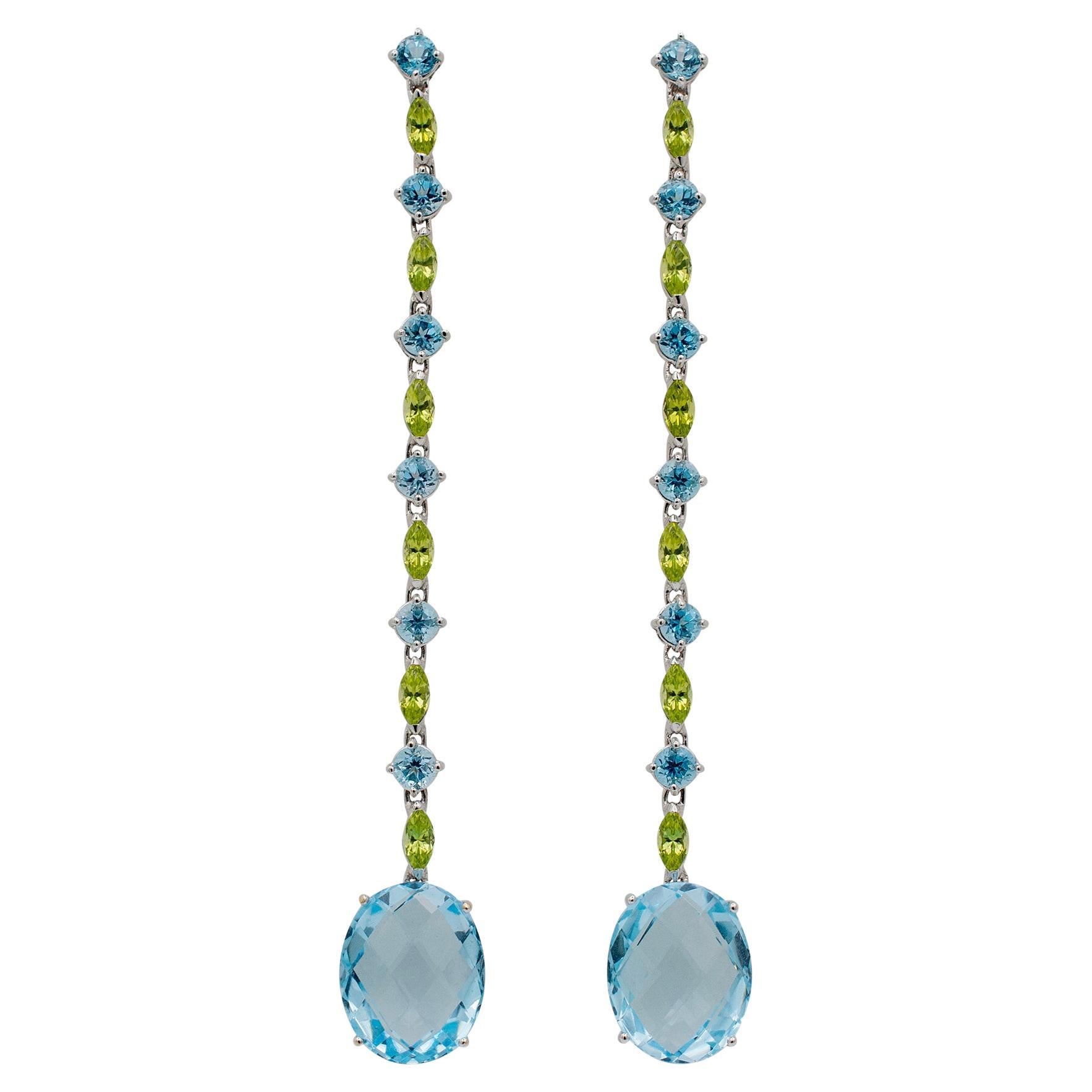 Ladies 18K White Gold Blue & Green Topaz Cocktail Drop Dangle Earrings For Sale