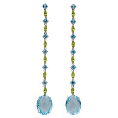 Ladies 18K White Gold Blue & Green Topaz Cocktail Drop Dangle Earrings