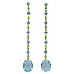 Ladies 18K White Gold Blue & Green Topaz Cocktail Drop Dangle Earrings