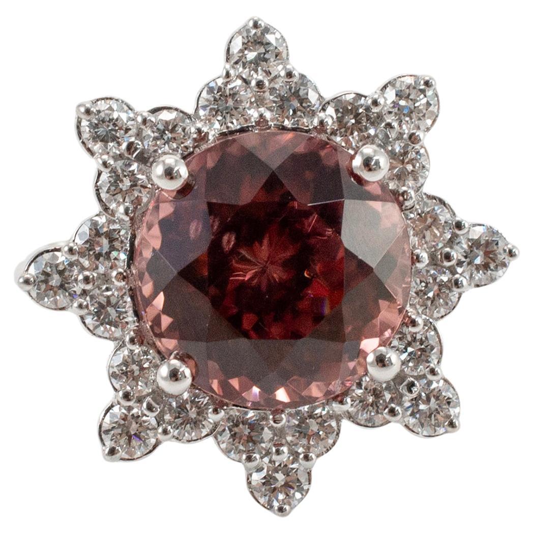 Ladies 18K White Gold Burgundy Spinel Halo Diamond Flower Cocktail Ring