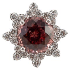 Ladies 18K White Gold Burgundy Spinel Halo Diamond Flower Cocktail Ring