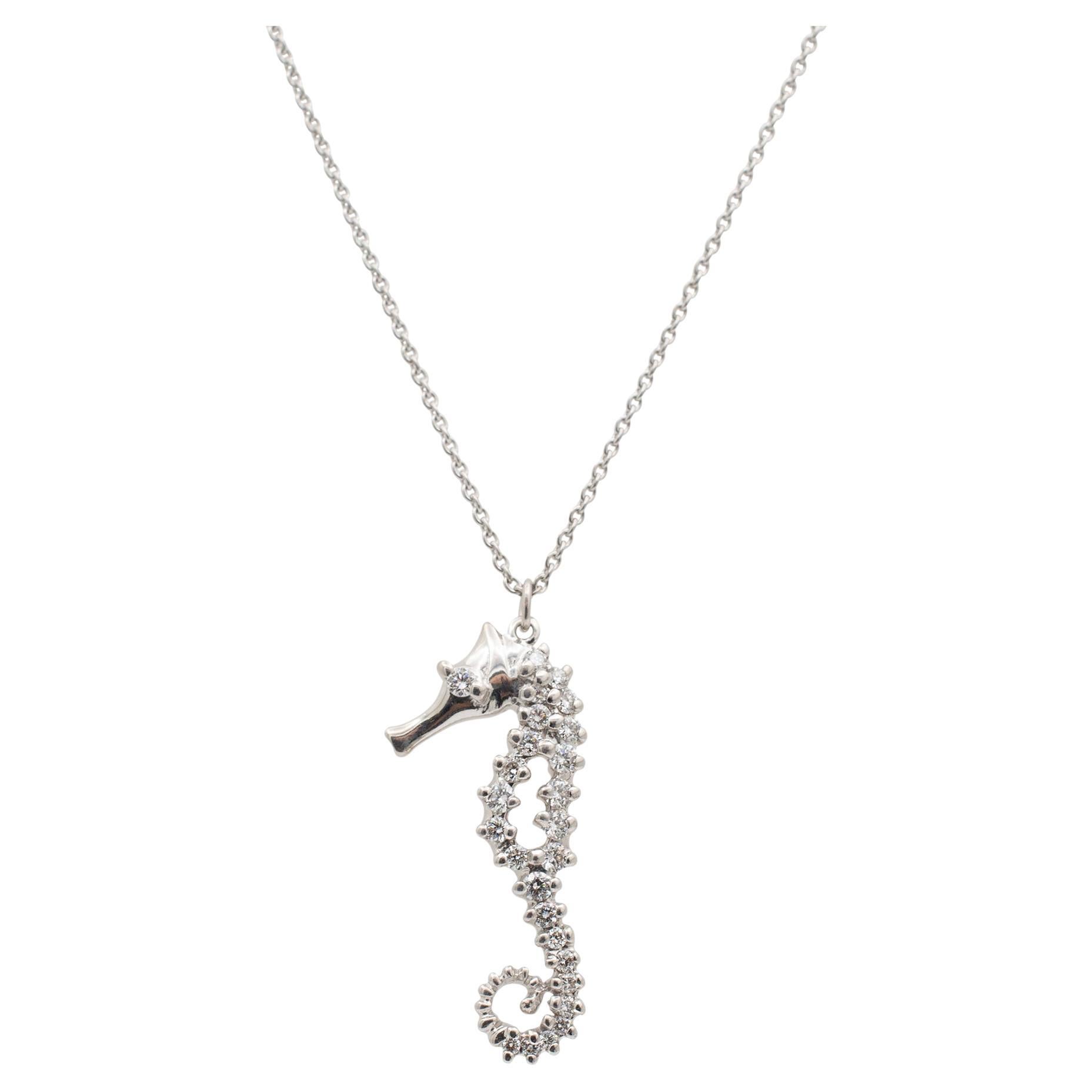 Ladies 18k White Gold Cluster Diamond Seahorse Pendant Necklace For Sale