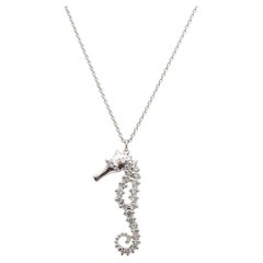 Ladies 18k White Gold Cluster Diamond Seahorse Pendant Necklace