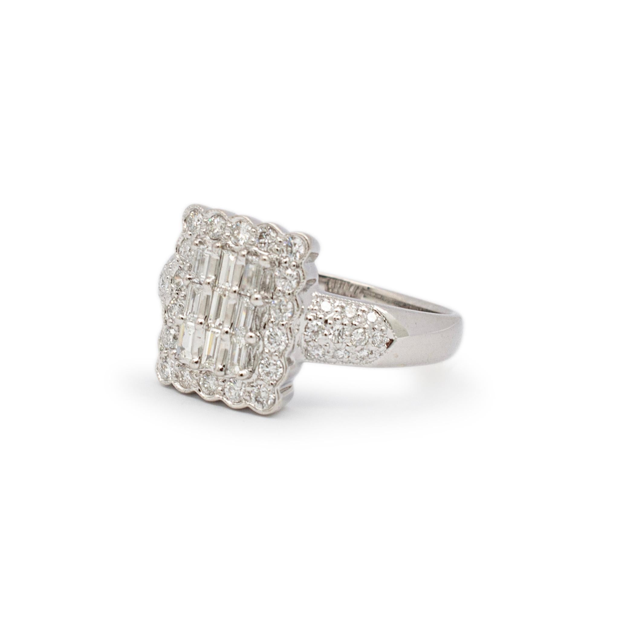 Baguette Cut Ladies 18K White Gold Cluster Pave Diamond Cocktail Ring For Sale