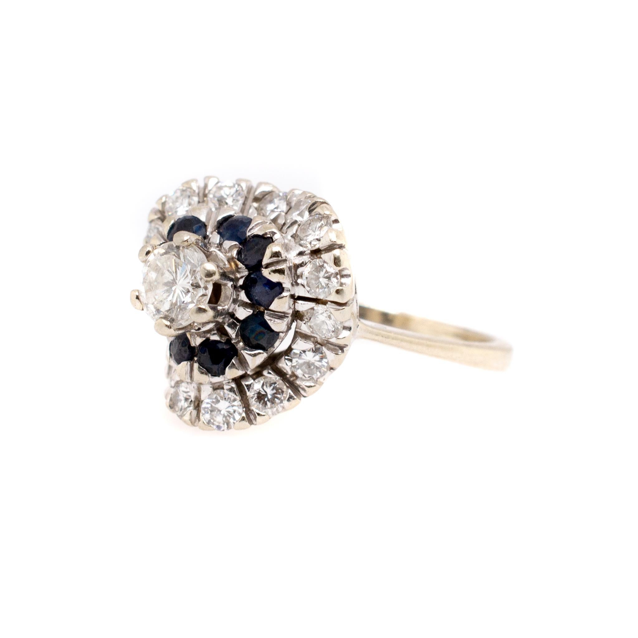 Round Cut Vintage Ladies 18K White Gold Cocktail Sapphires Diamond Ring