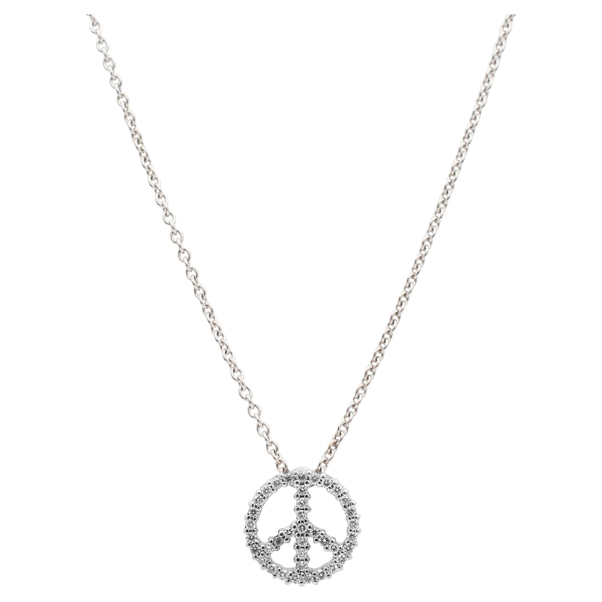 Ladies 18K White Gold Diamond Peace Sign Pendant Necklace For Sale