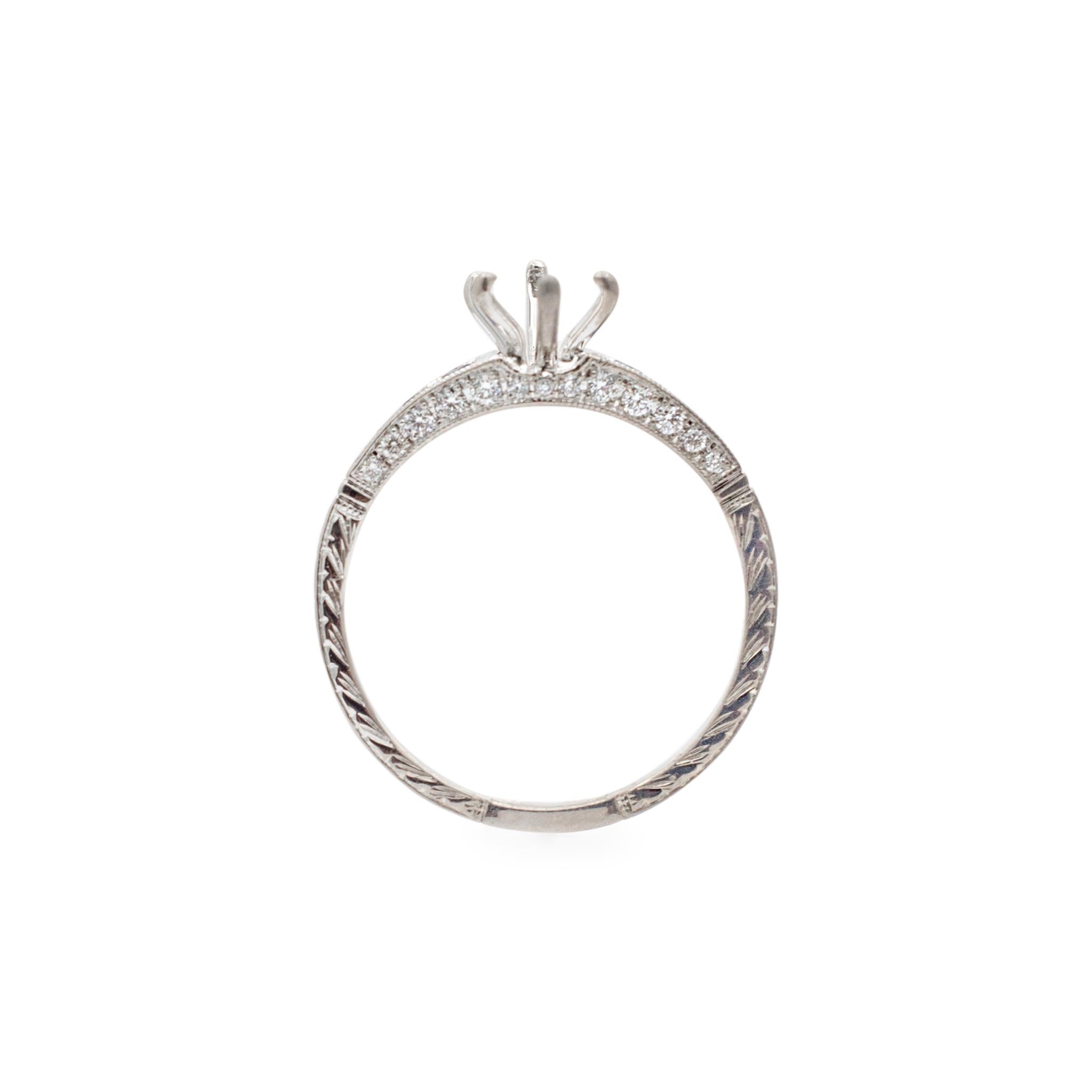 Gender: Ladies

Metal Type: 18K White Gold

Size: 6.5

Can accommodate a marquise shaped stone measures between 9.90mm to 10.10mm in length by 4.90mm to 5.10mm in width.

Shank maximum width: 1.60mm.

Weight: 1.93 grams

Ladies 18K white gold,