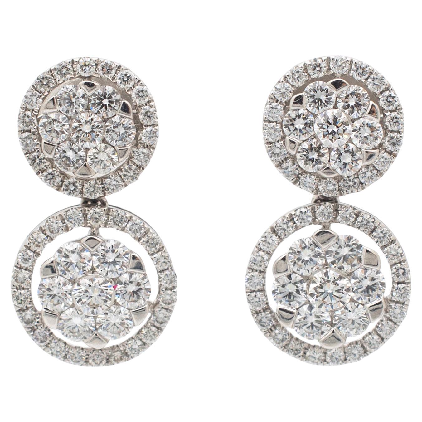 Ladies 18K White Gold Double Circle Halo Diamond Stud Drop Dangle Earrings For Sale