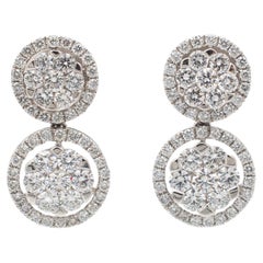 Ladies Double Circle Halo Diamond Stud Dangle Earrings en or blanc 18K