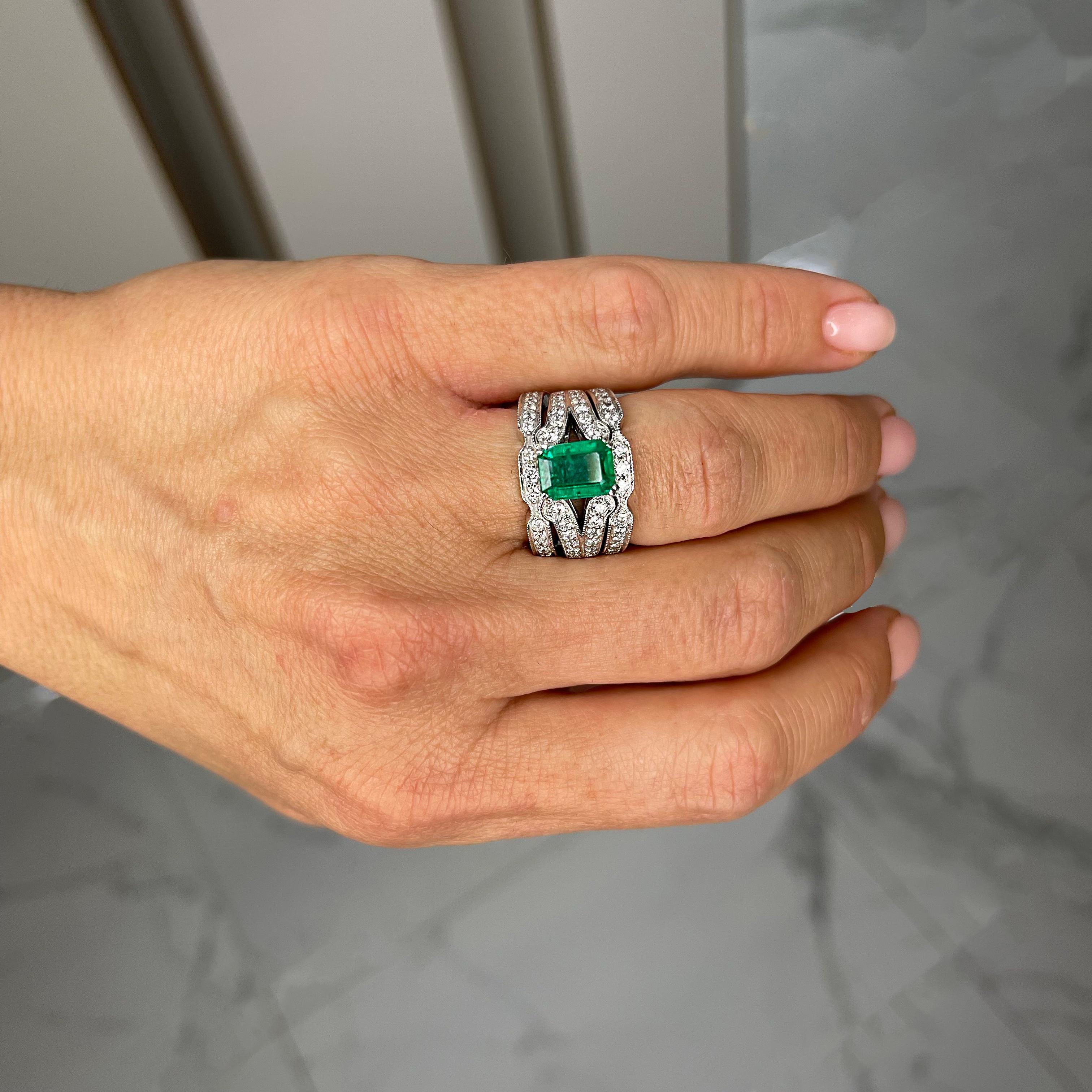 Ladies 18K White Gold Emerald Accented Diamond Cocktail Ring With Jacket Ring 5