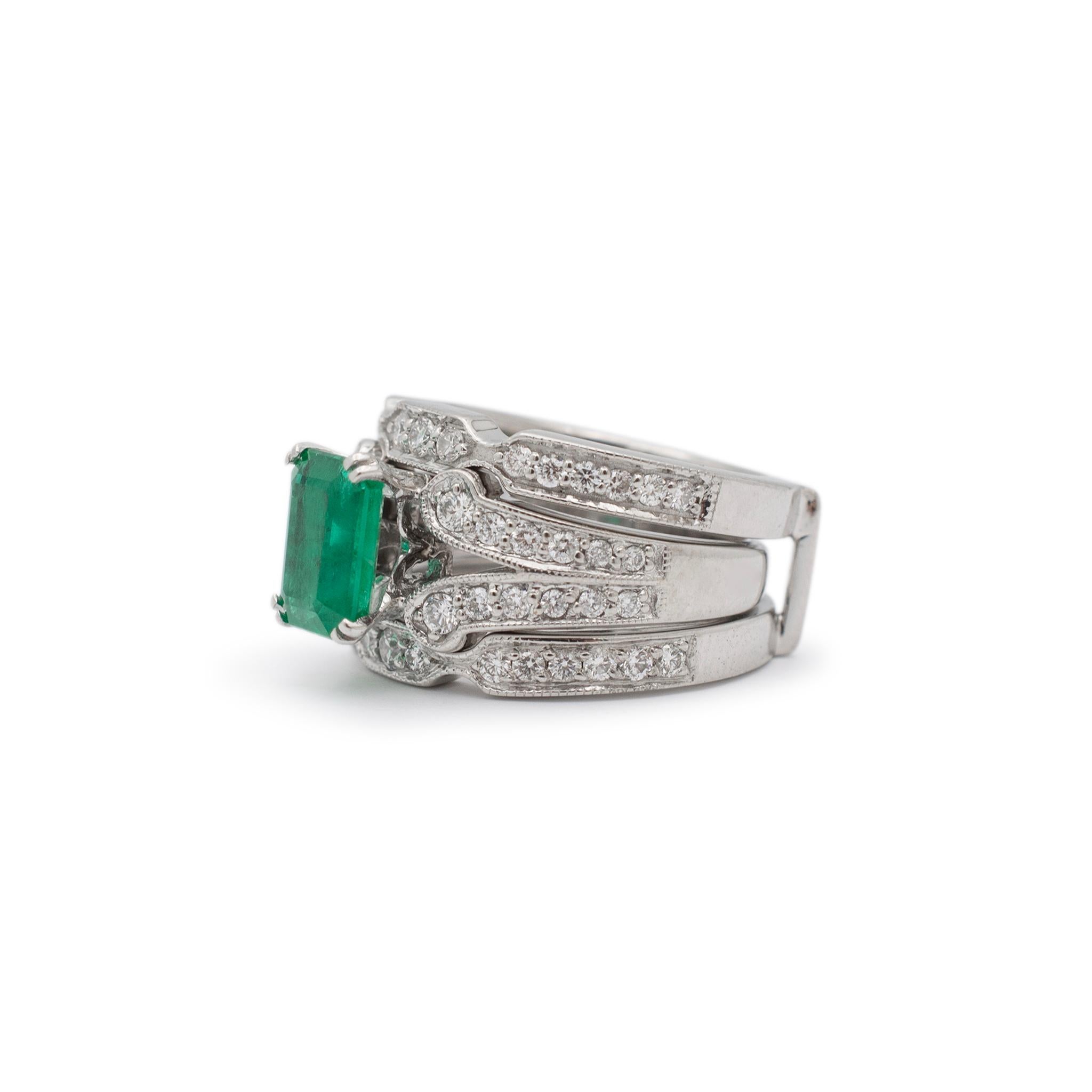 Emerald Cut Ladies 18K White Gold Emerald Accented Diamond Cocktail Ring With Jacket Ring For Sale