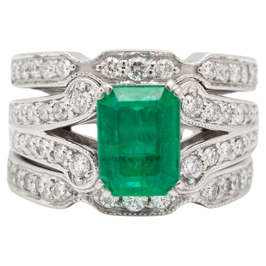 Ladies 18K White Gold Emerald Accented Diamond Cocktail Ring With Jacket Ring