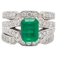 Ladies 18K White Gold Emerald Accented Diamond Cocktail Ring With Jacket Ring