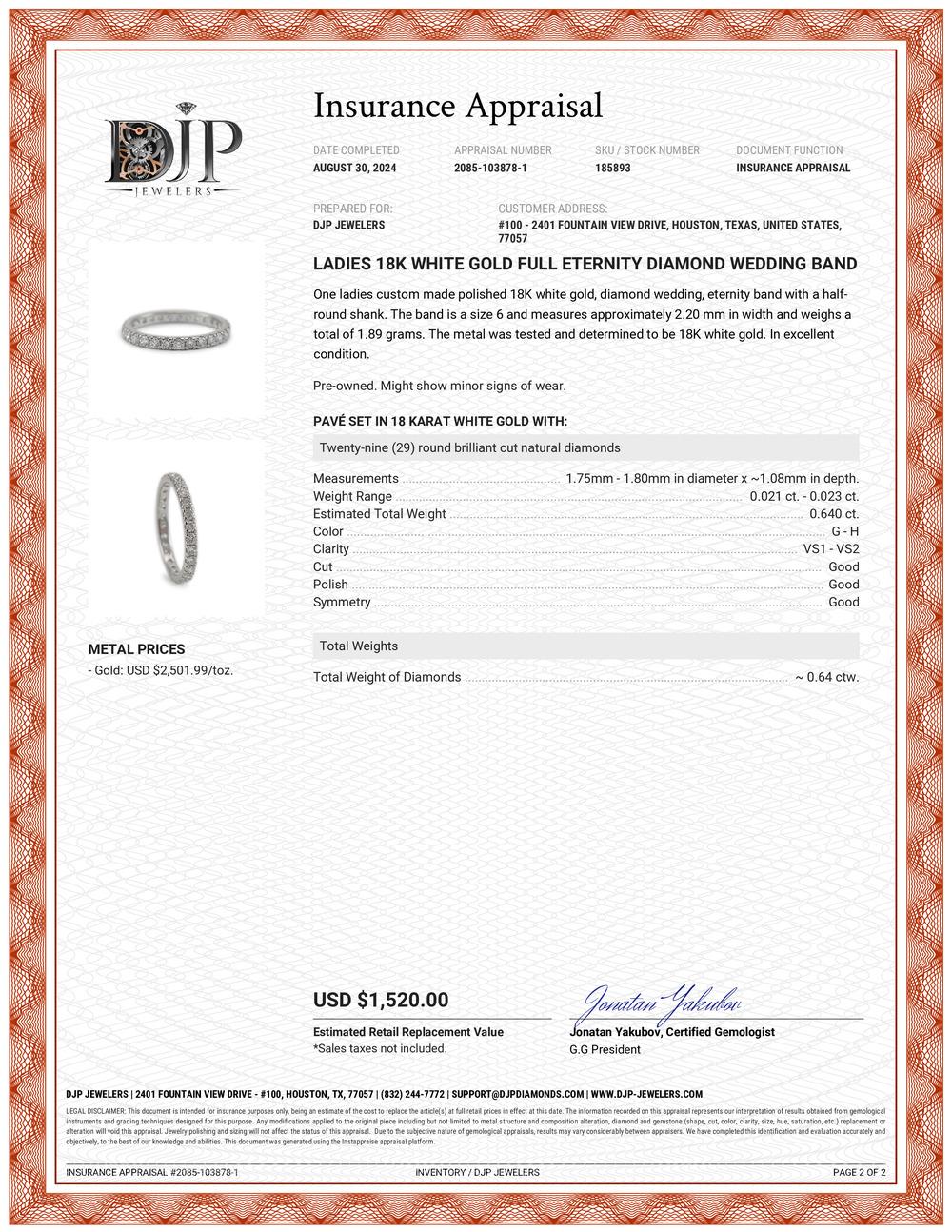 Ladies 18K White Gold Full Eternity Diamond Wedding Band 1