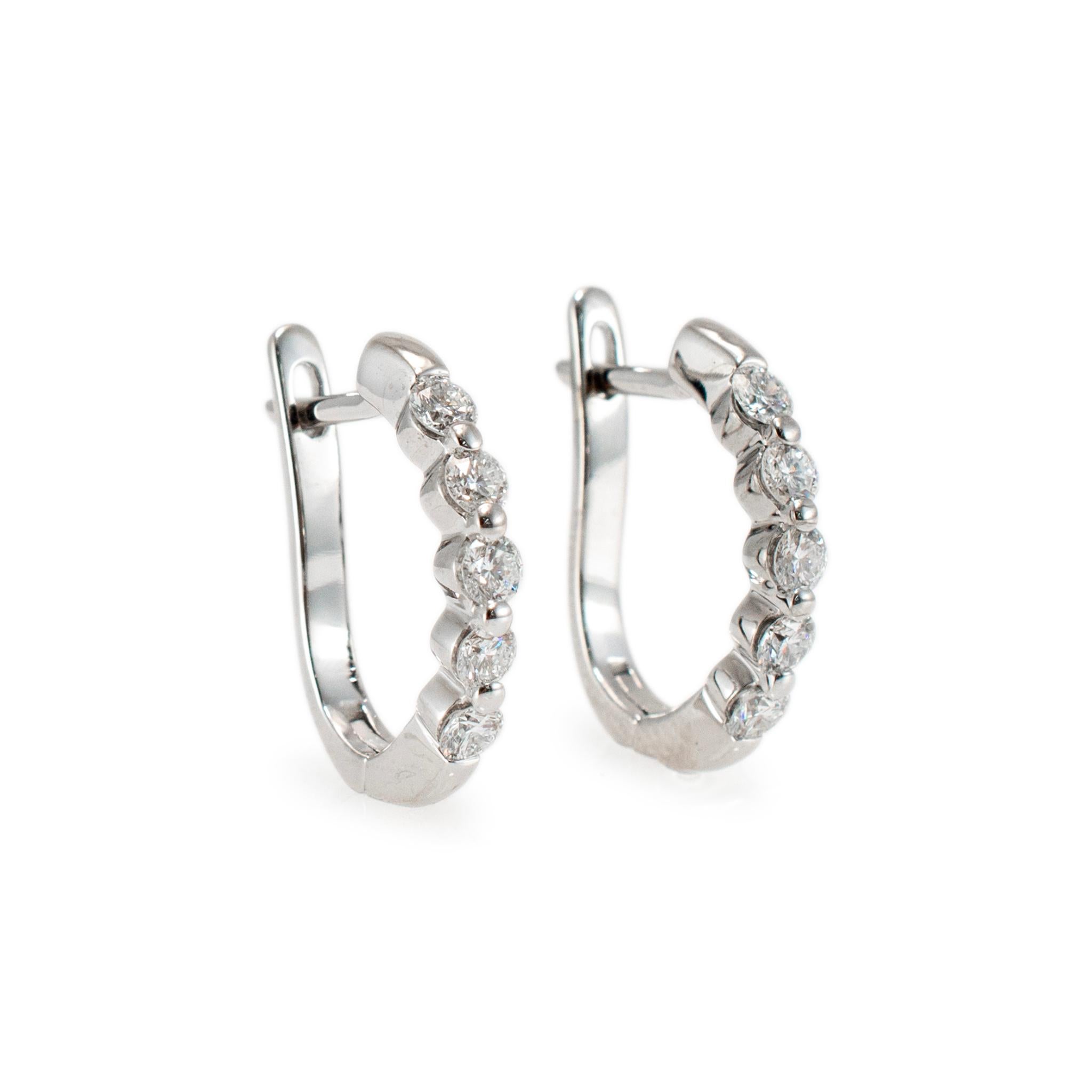 Round Cut Ladies 18K White Gold Half Eternity Diamond Hoop Earrings For Sale