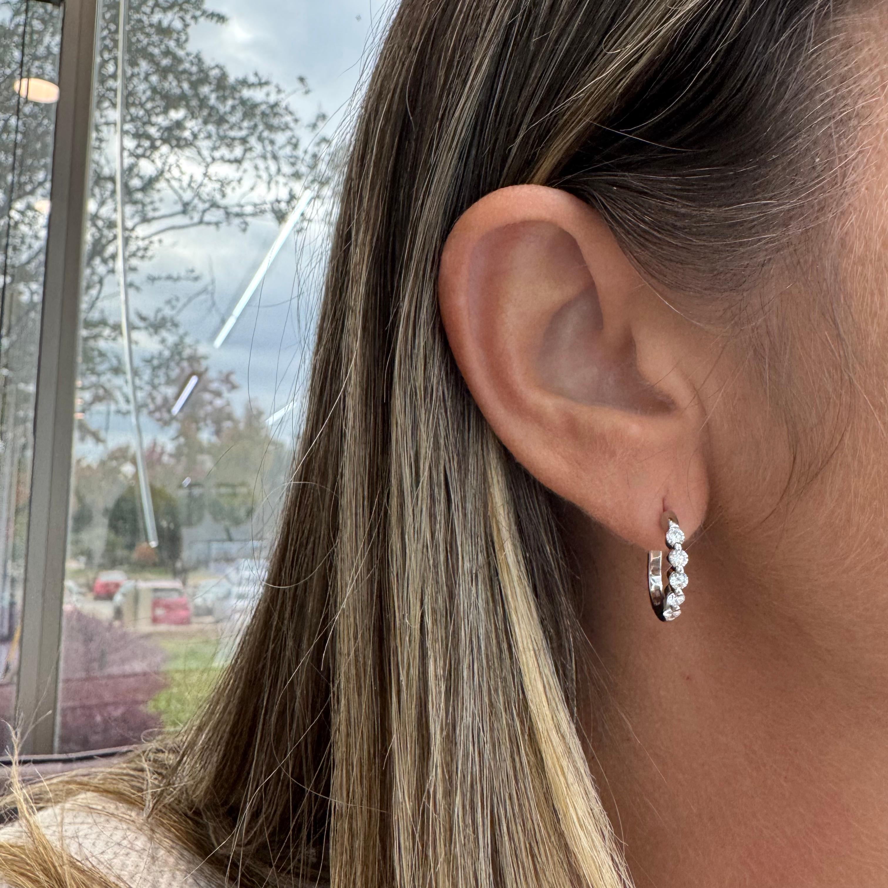 Ladies 18K White Gold Half Eternity Diamond Hoop Earrings For Sale 1