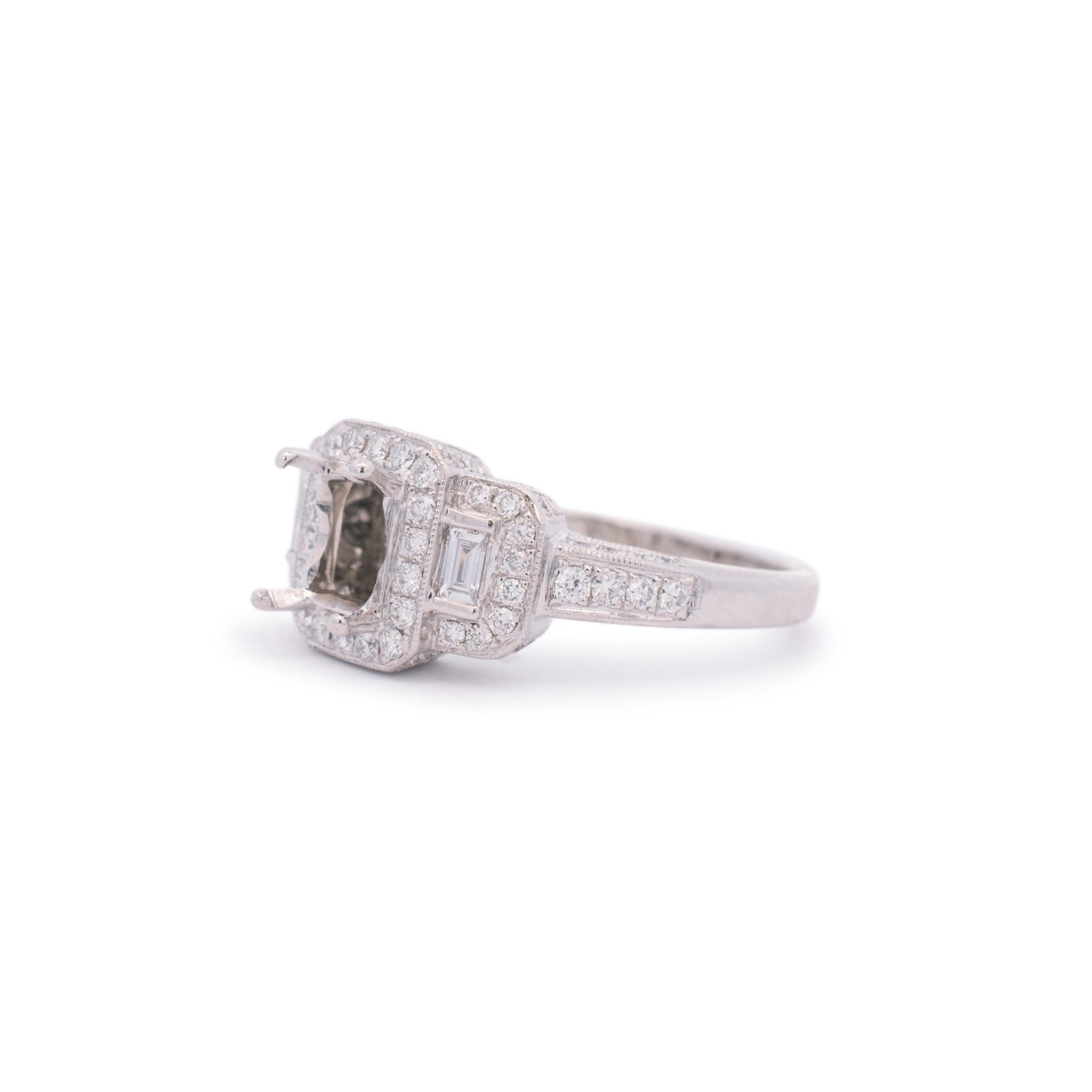 Brilliant Cut Ladies 18K White Gold Halo Diamond Three Stone Semi Mount Engagement Ring For Sale