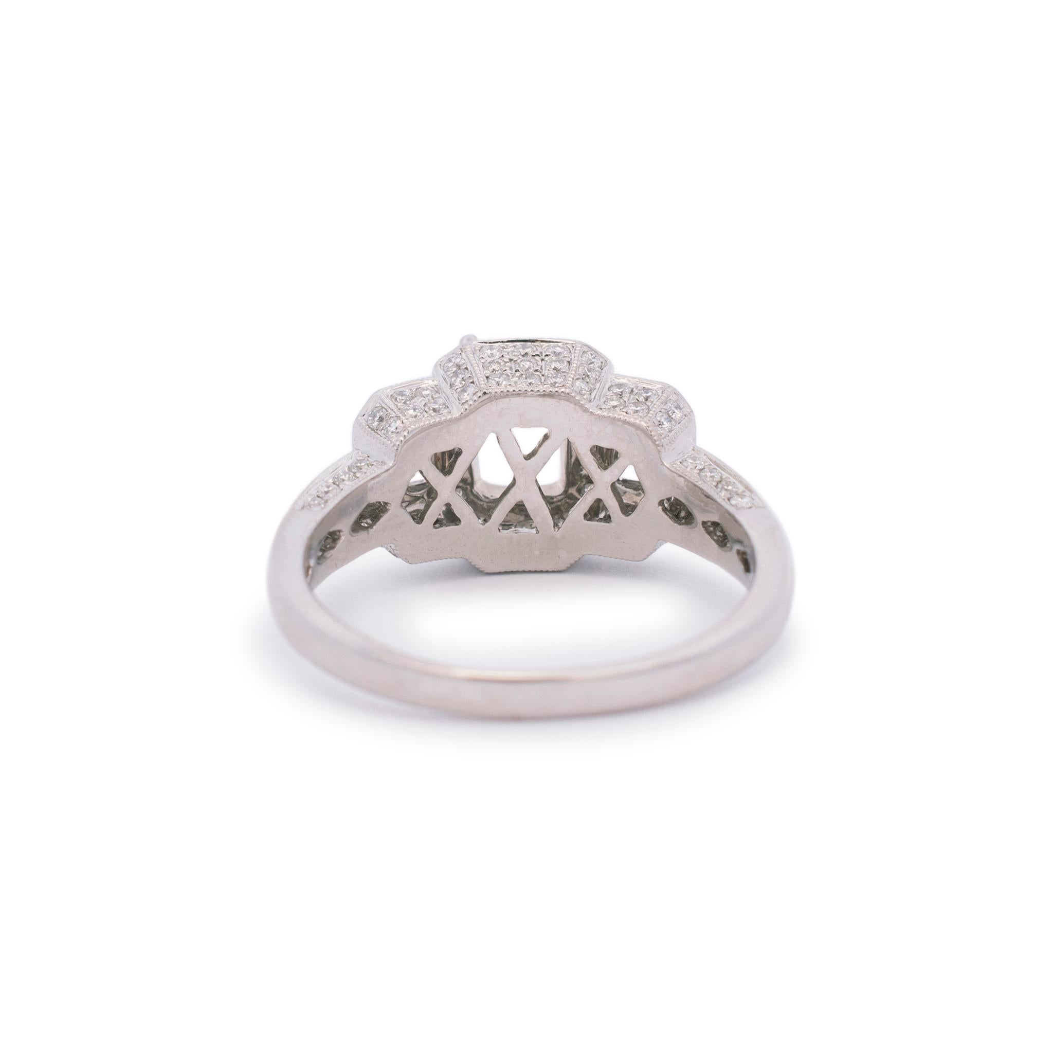 Ladies 18K White Gold Halo Diamond Three Stone Semi Mount Engagement Ring For Sale 2