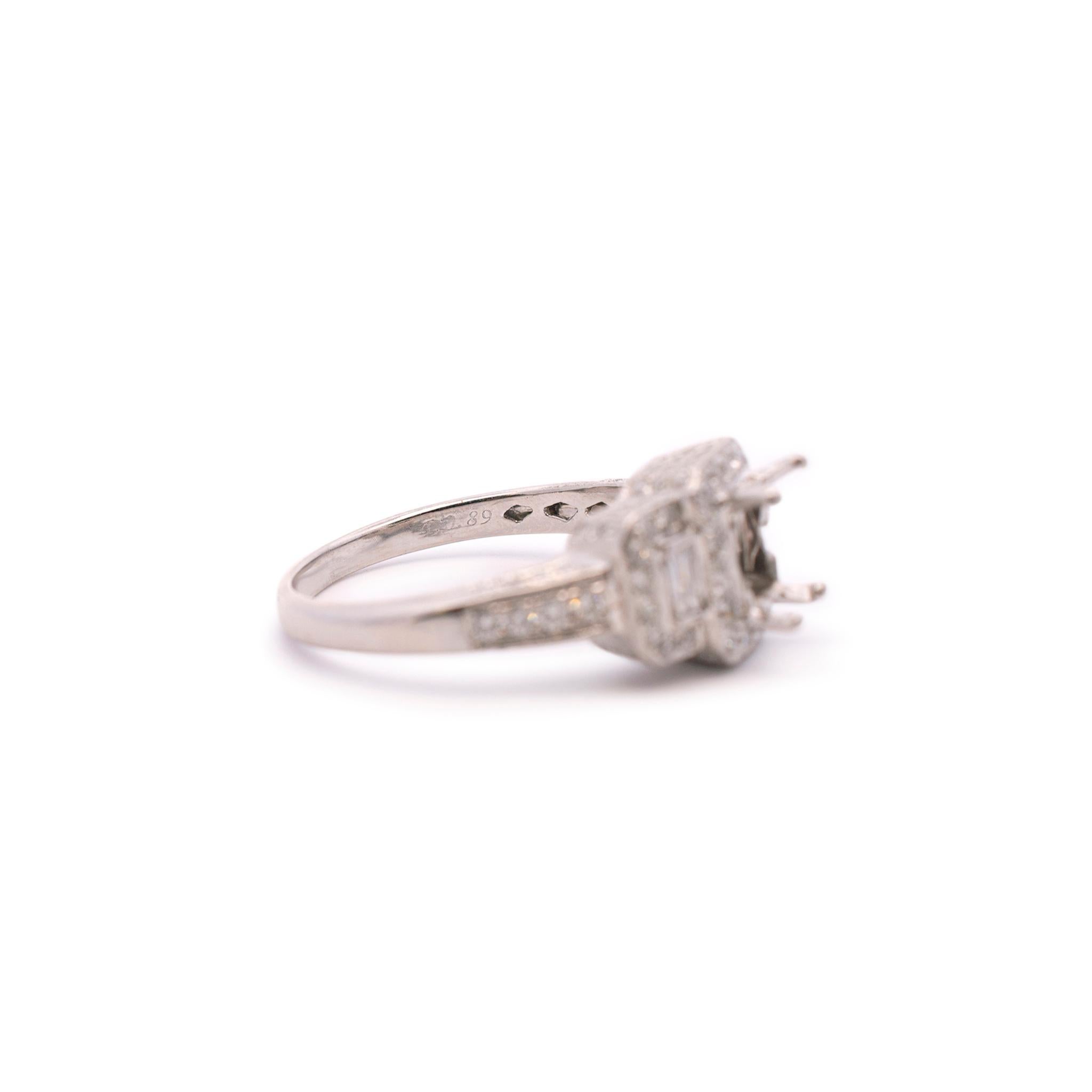 Women's Ladies 18K White Gold Halo Diamond Three Stone Semi Mount Engagement Ring For Sale
