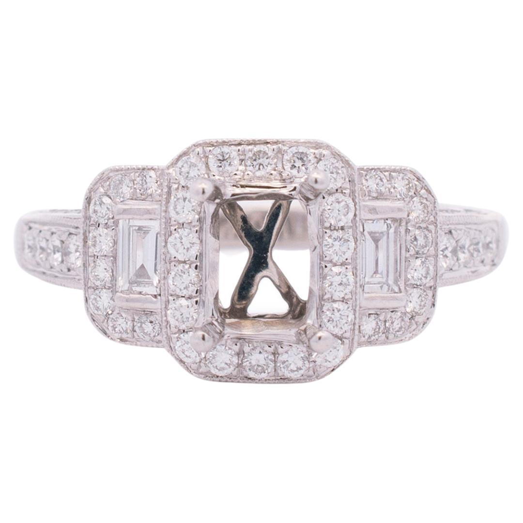 Ladies 18K White Gold Halo Diamond Three Stone Semi Mount Engagement Ring