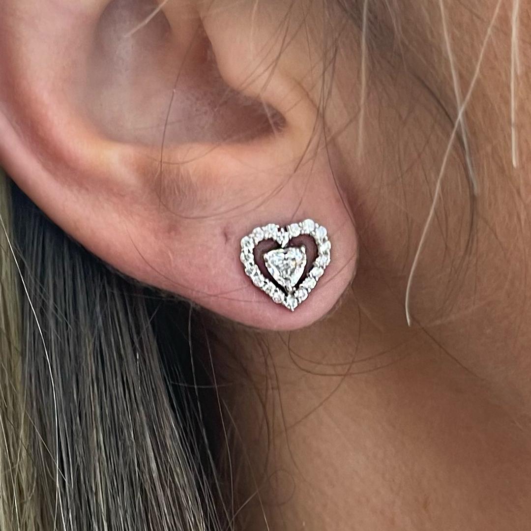 Ladies 18K White Gold Heart Halo Diamond Earrings For Sale 3