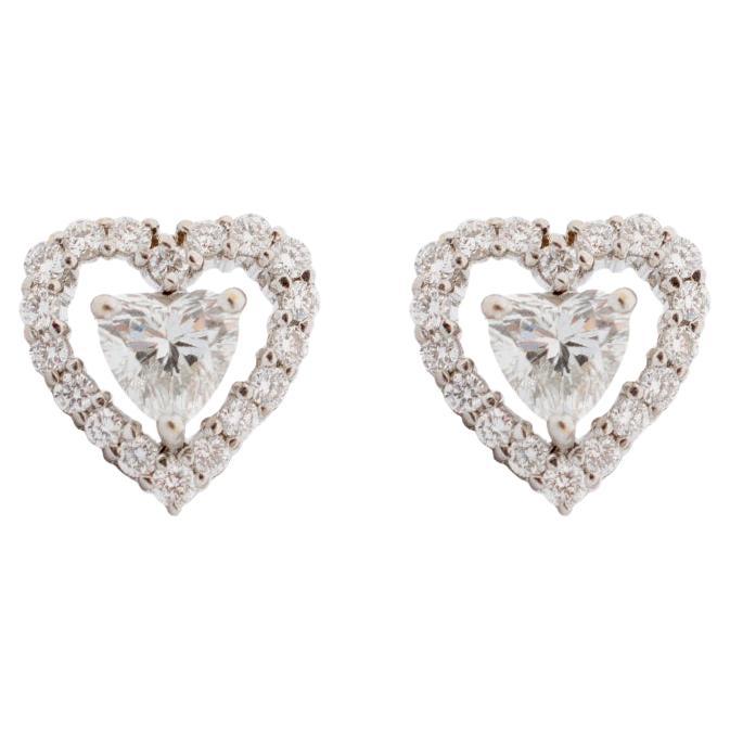 Ladies 18K White Gold Heart Halo Diamond Earrings For Sale