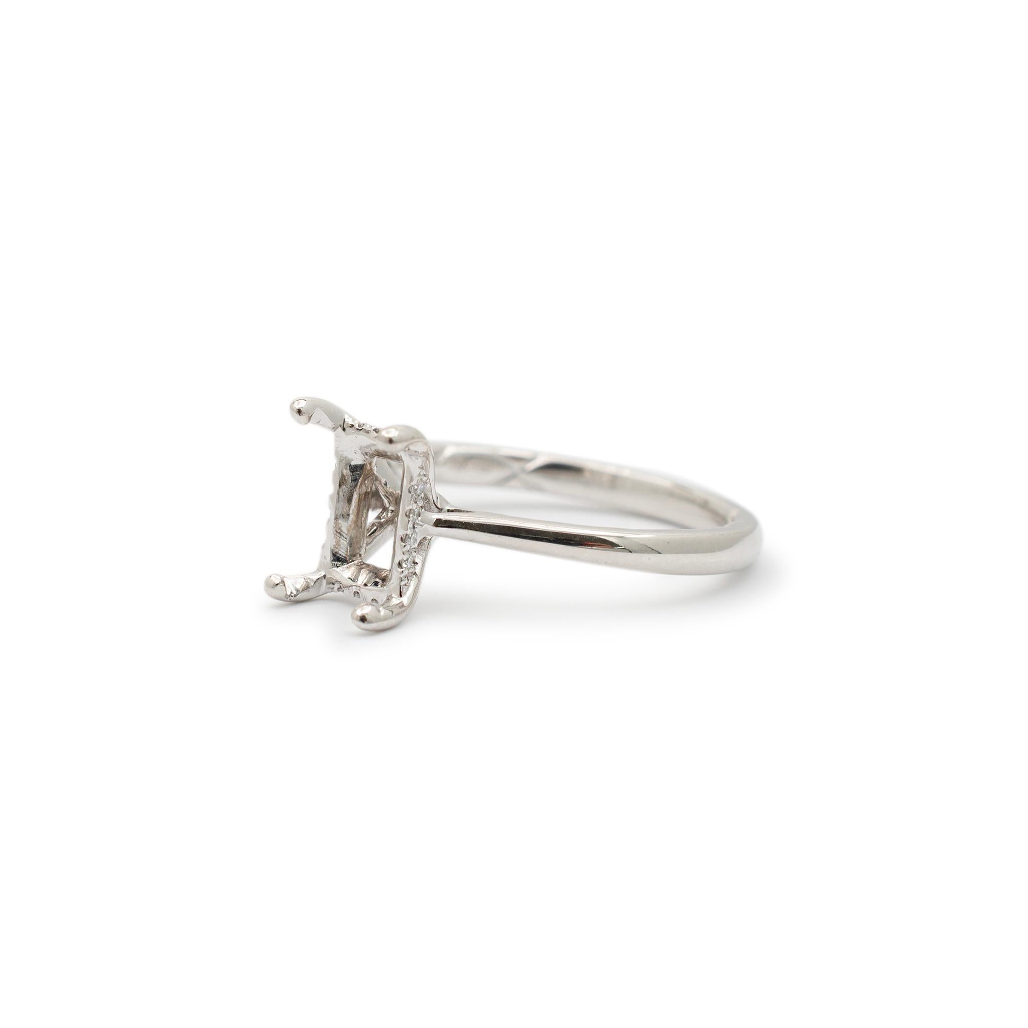 Round Cut Ladies 18K White Gold Hidden Halo Diamond Rectangular Semi Mount Engagement Ring For Sale