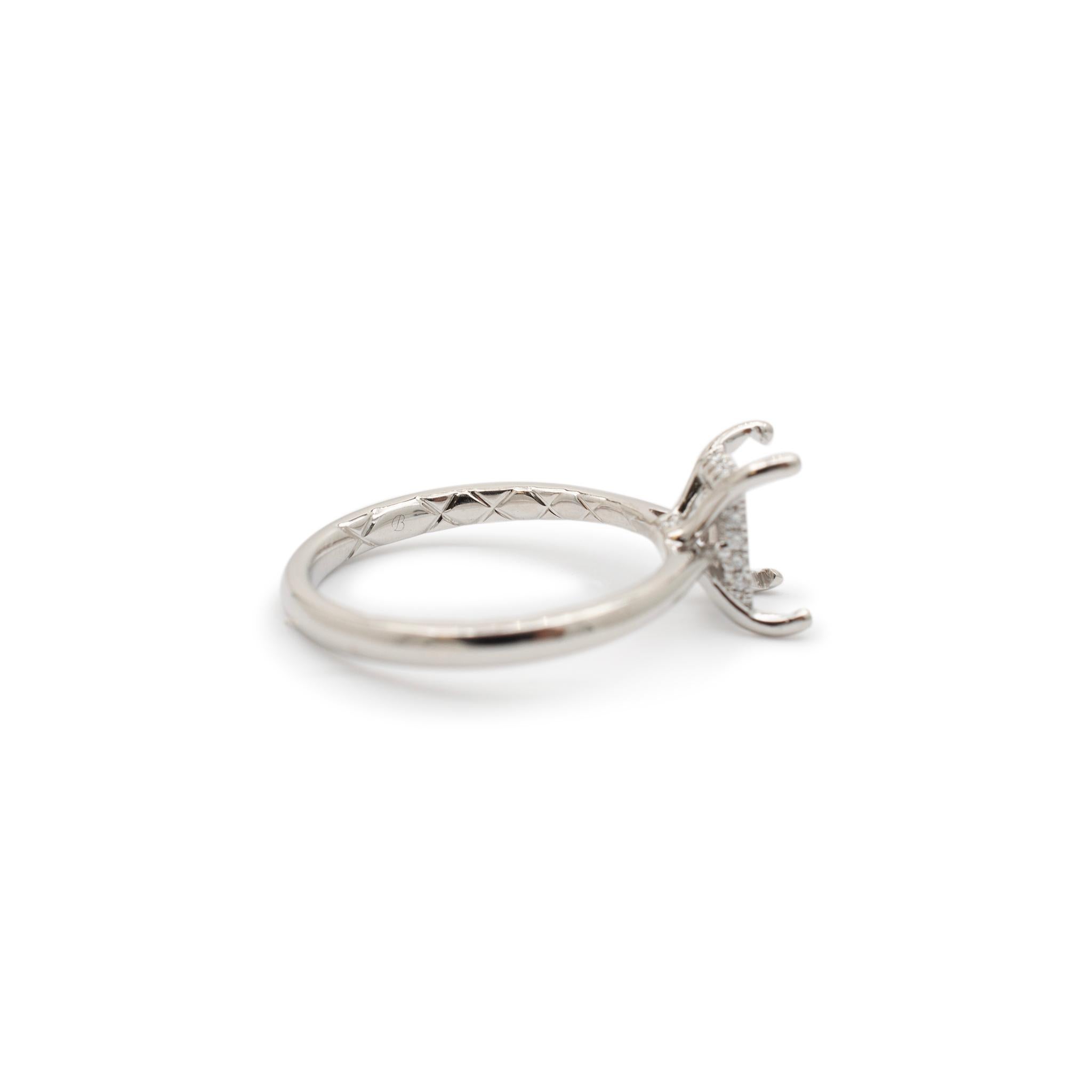Ladies 18K White Gold Hidden Halo Diamond Rectangular Semi Mount Engagement Ring For Sale 1