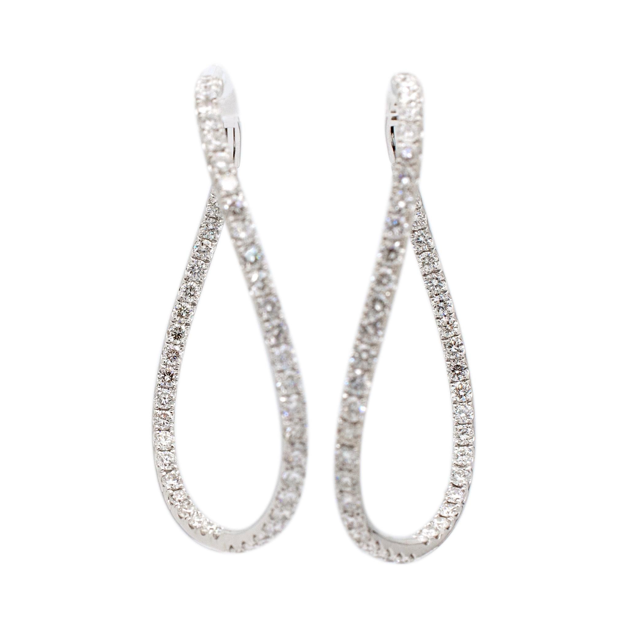 Ladies 18K White Gold Inside-out Diamond Waved Twisted Hoop Earrings For Sale 2