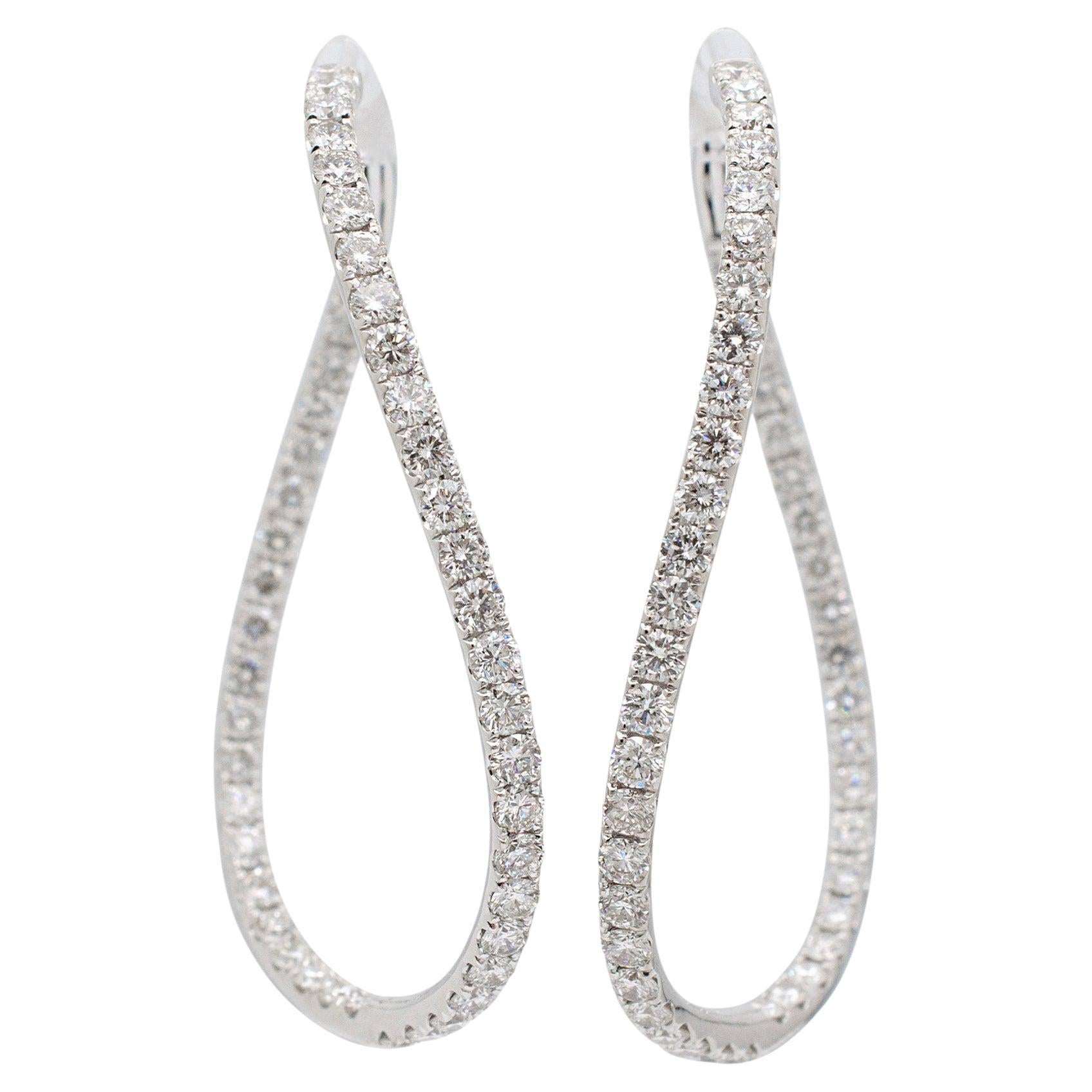Ladies 18K White Gold Inside-out Diamond Waved Twisted Hoop Earrings For Sale