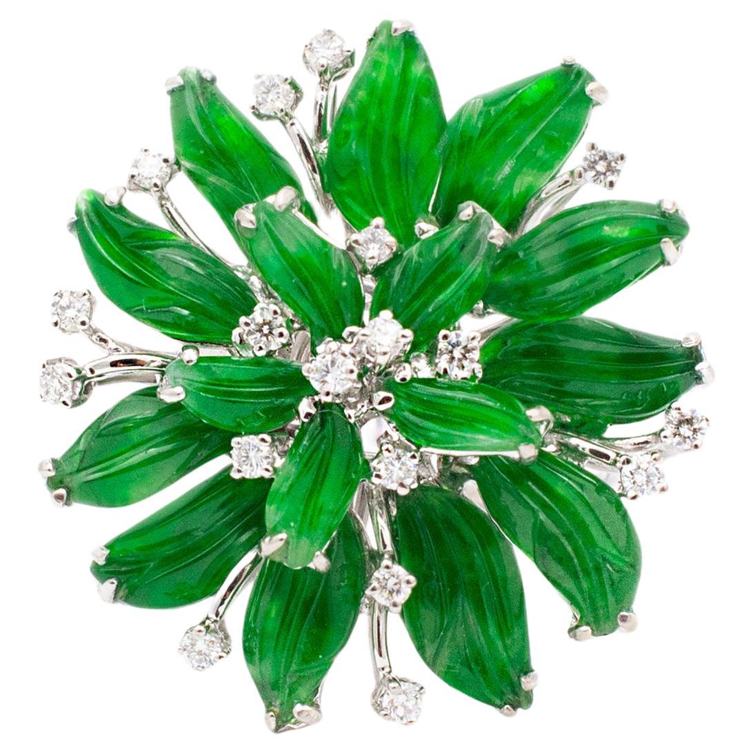 Bague cocktail/pendentif pour femmes en or blanc 18 carats, jade en forme de feuille et diamants ronds