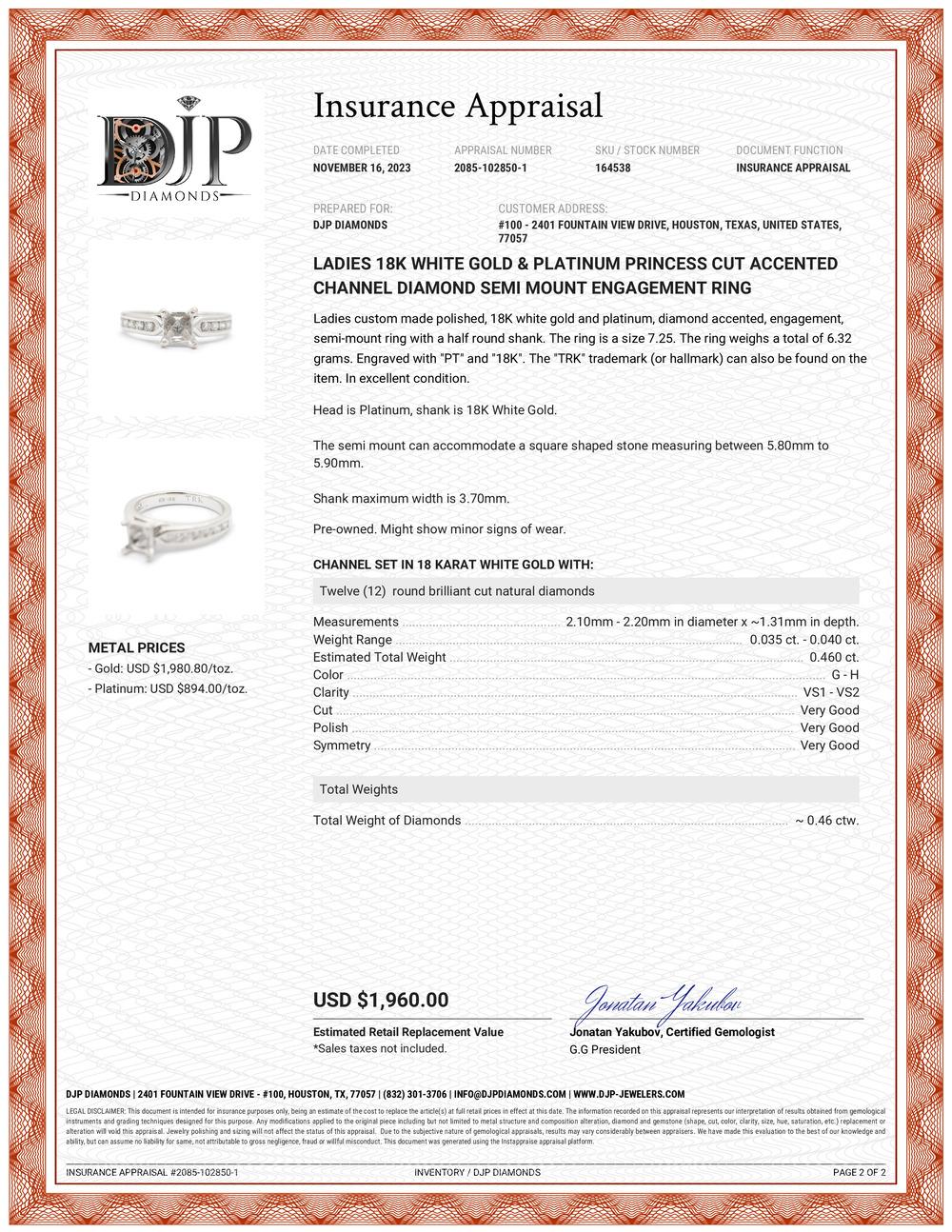Ladies 18K White Gold Platinum Princess Cut Diamond Semi Mount Engagement Ring For Sale 2