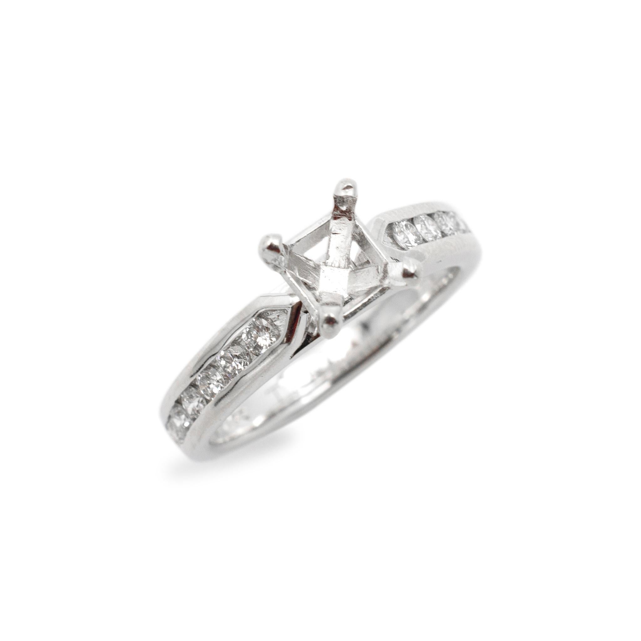 Gender: Ladies

Metal Type: 18K White Gold & Platinum

Size: 7.25

Shank Maximum Width: 3.70 mm

Weight: 6.32 grams

Ladies 18K white gold and platinum diamond accented engagement semi-mount ring with a half round shank. Engraved with 