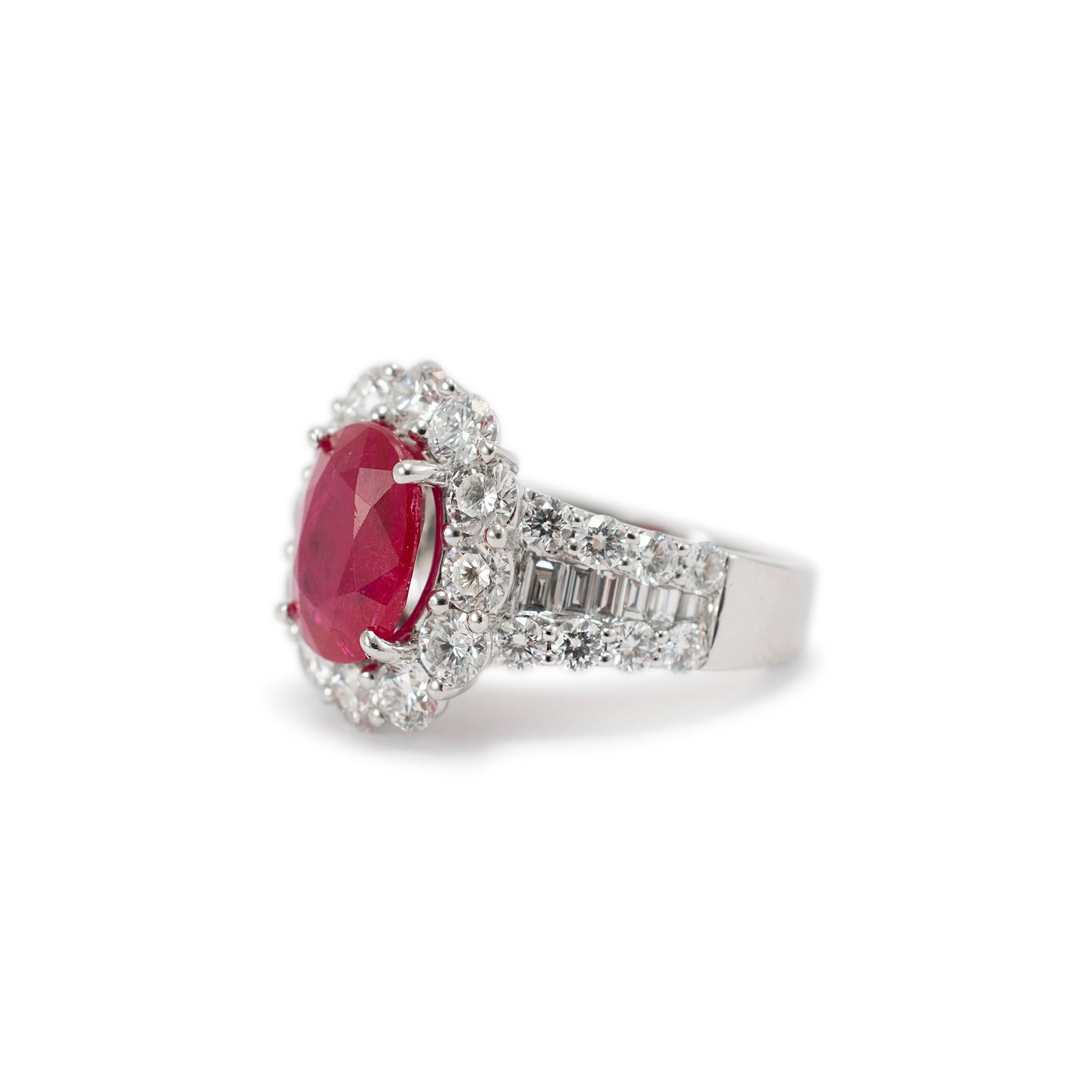 Oval Cut Ladies 18K White Gold Ruby Halo Accented Diamond Cocktail Ring For Sale