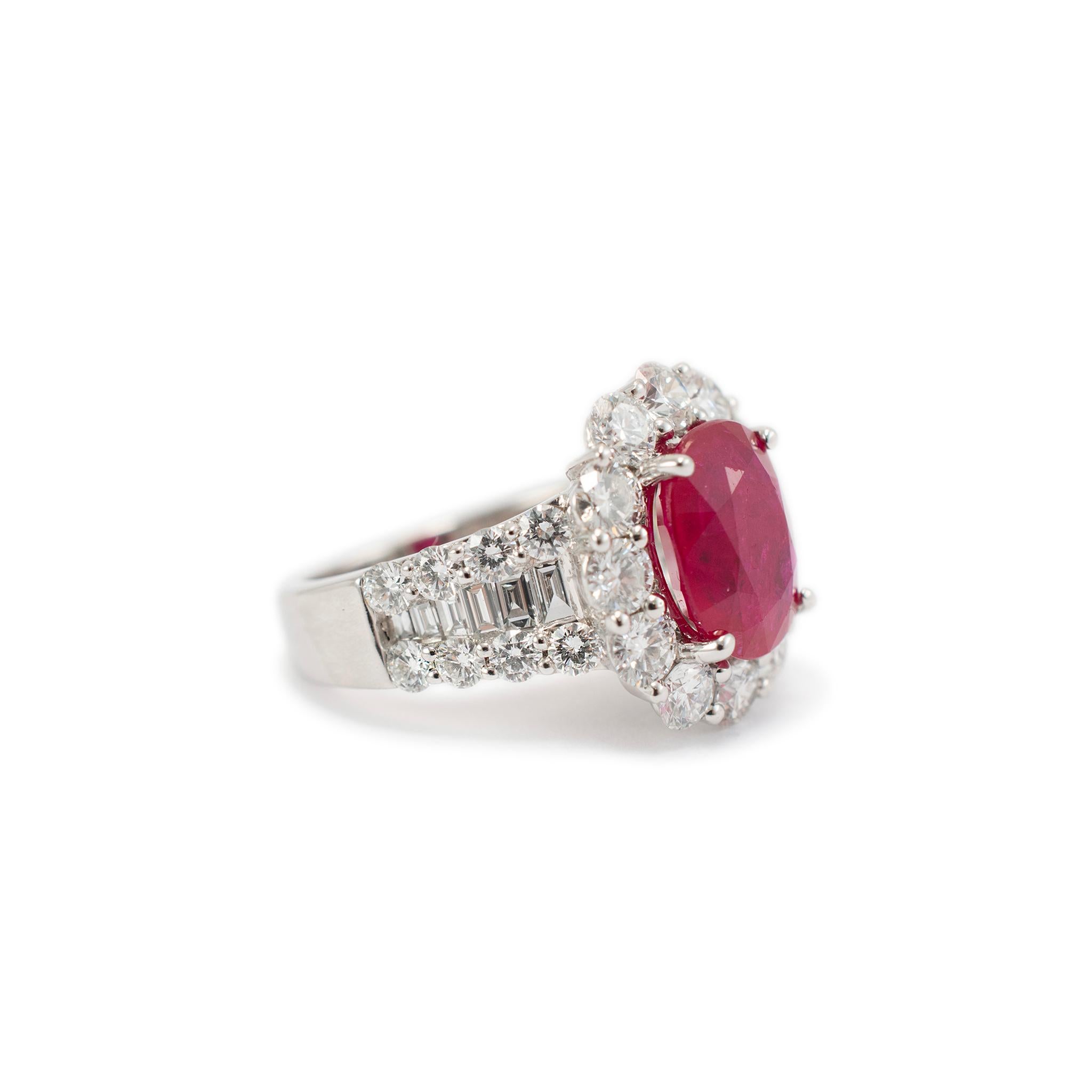 Ladies 18K White Gold Ruby Halo Accented Diamond Cocktail Ring In Excellent Condition For Sale In Houston, TX