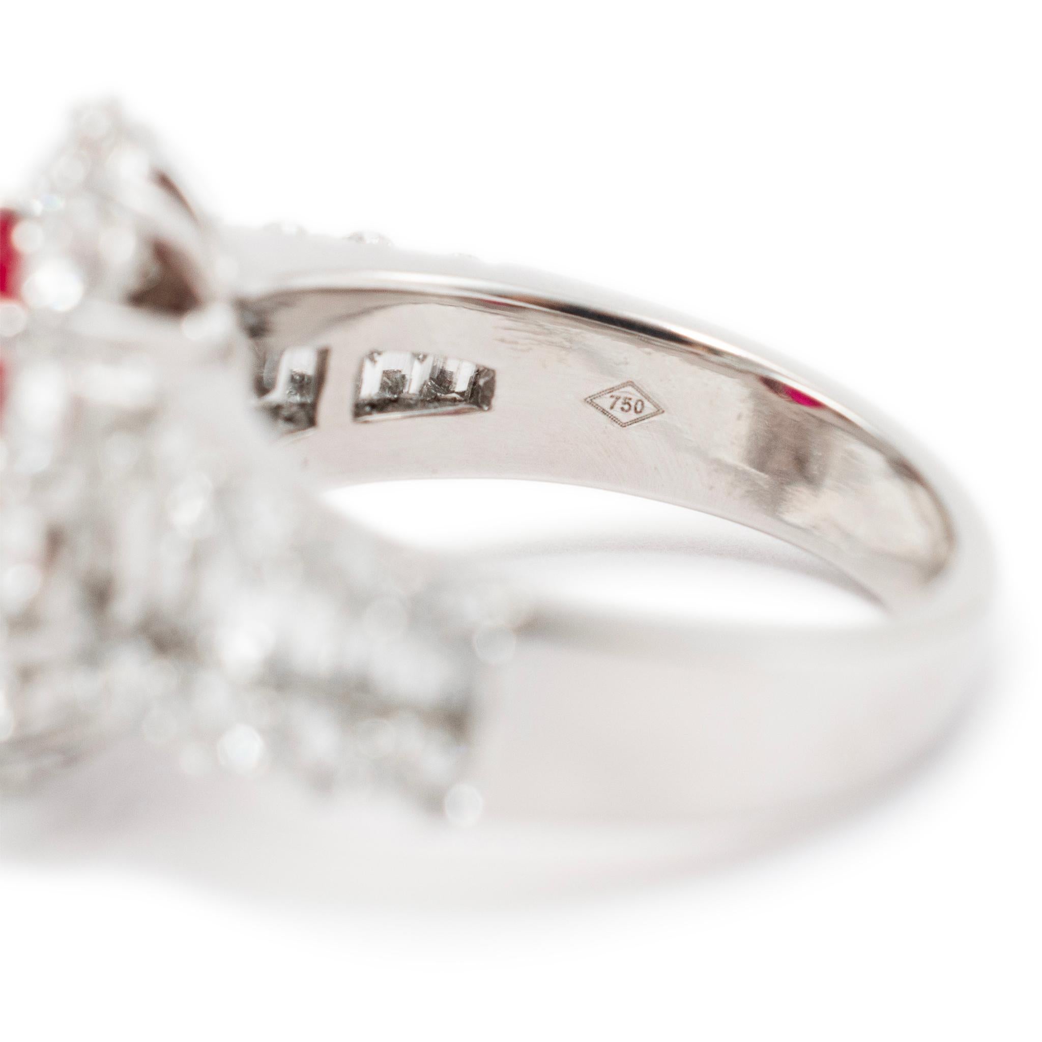 Ladies 18K White Gold Ruby Halo Accented Diamond Cocktail Ring For Sale 1