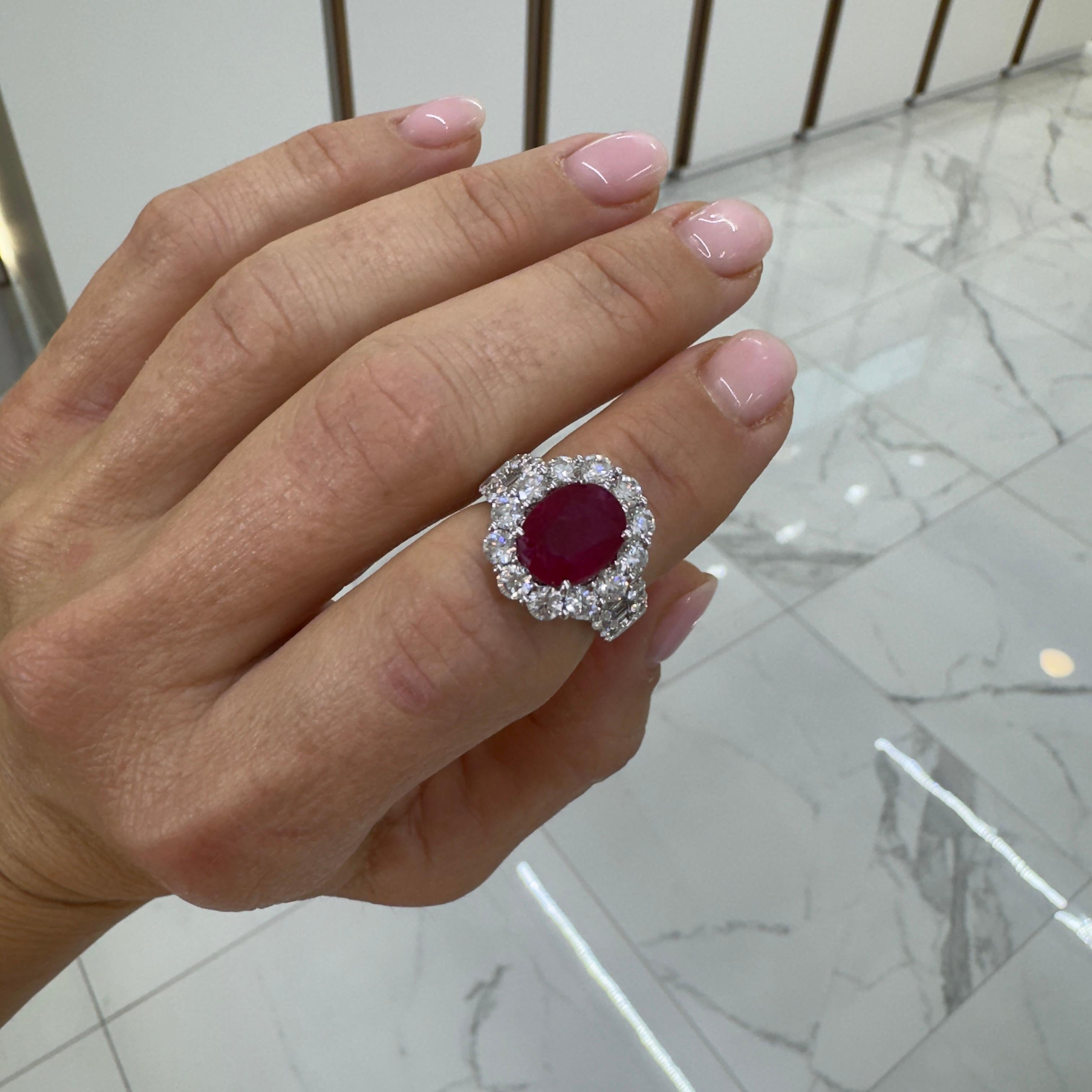 Ladies 18K White Gold Ruby Halo Accented Diamond Cocktail Ring For Sale 3