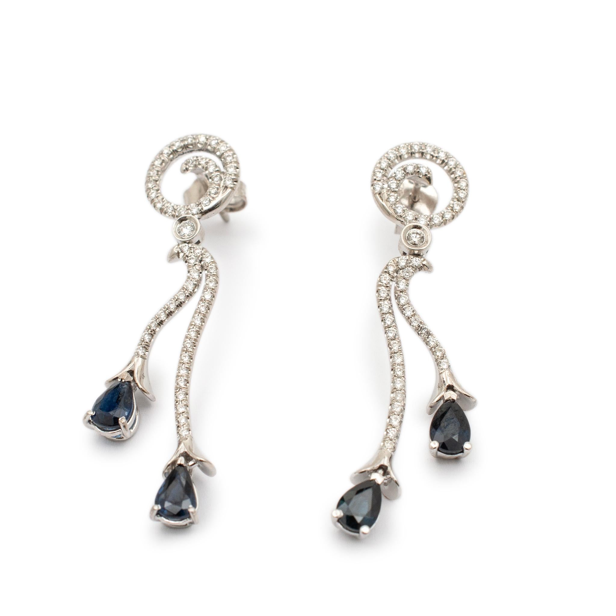 Pear Cut Ladies 18K White Gold Sapphire Diamond Dangle Drop Earrings For Sale