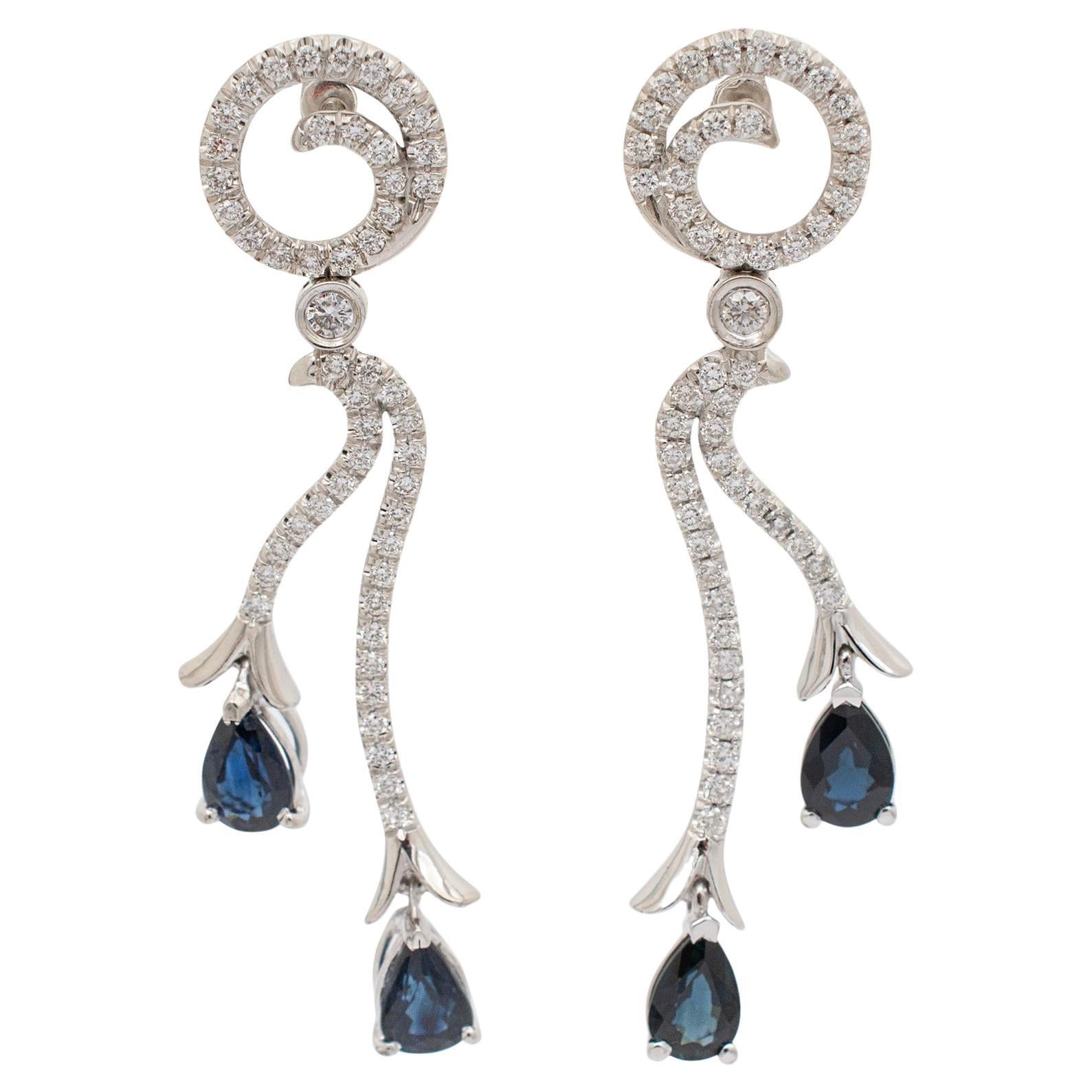 Ladies 18K White Gold Sapphire Diamond Dangle Drop Earrings For Sale