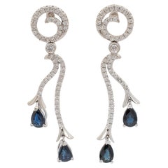 Ladies 18K White Gold Sapphire Diamond Dangle Drop Earrings