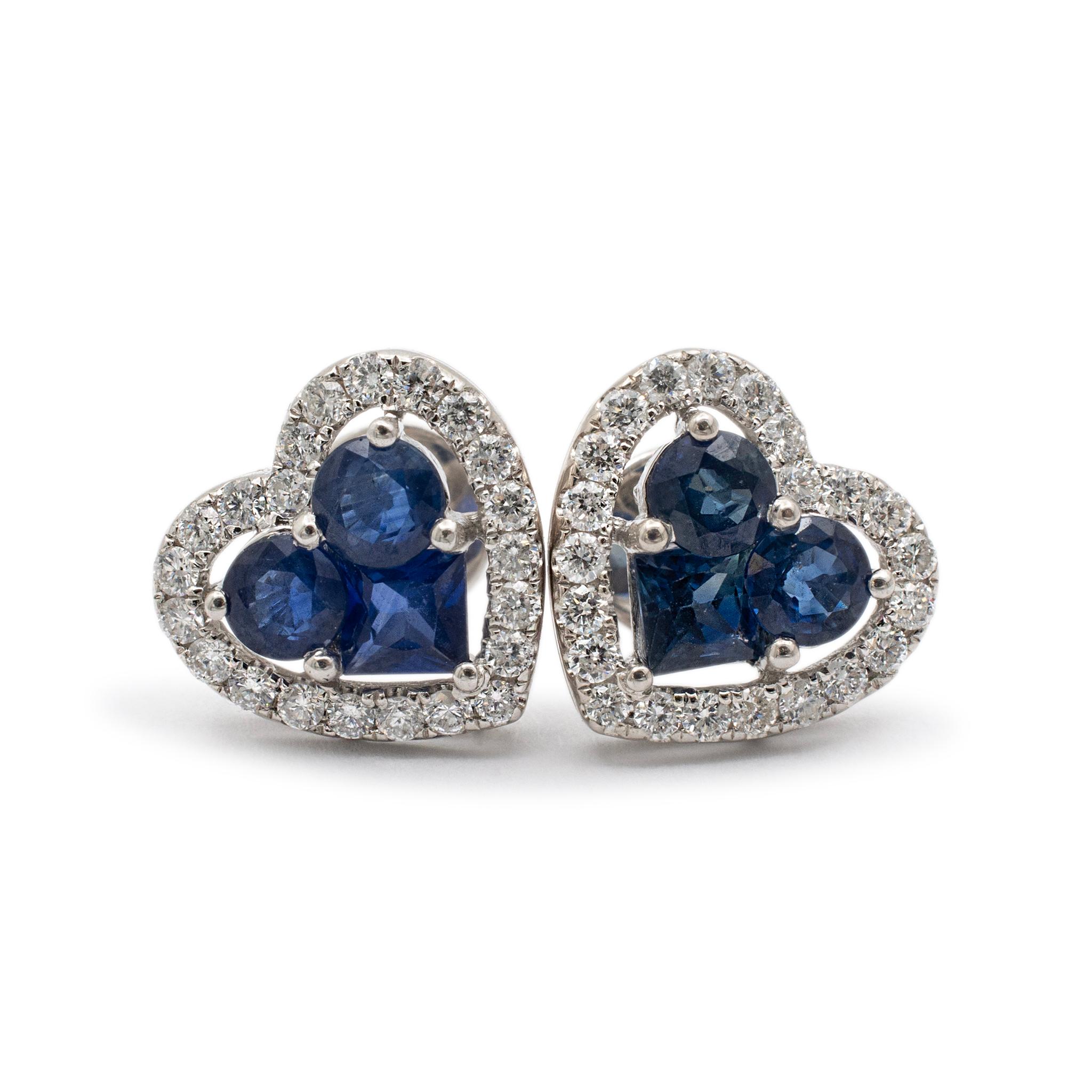 Women's Ladies 18K White Gold Sapphire Halo Diamond Heart Shaped Stud Earrings For Sale