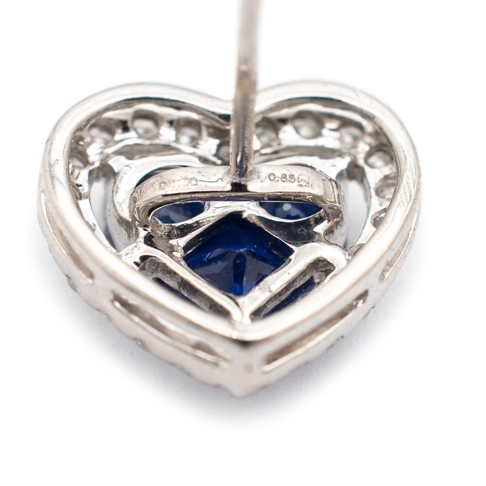 Ladies 18K White Gold Sapphire Halo Diamond Heart Shaped Stud Earrings For Sale 1