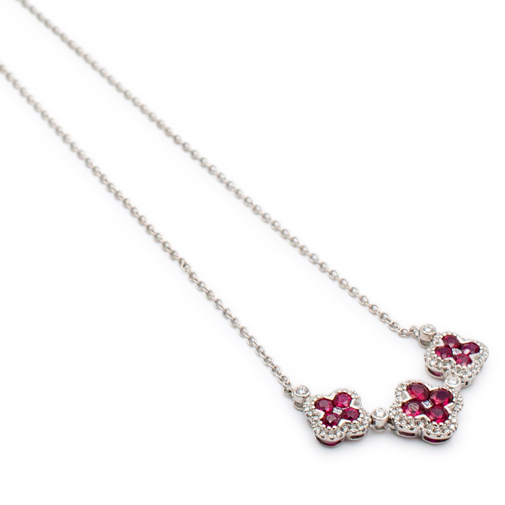 Round Cut Ladies 18K White Gold Three Flower Ruby Diamond Pendant Necklace For Sale