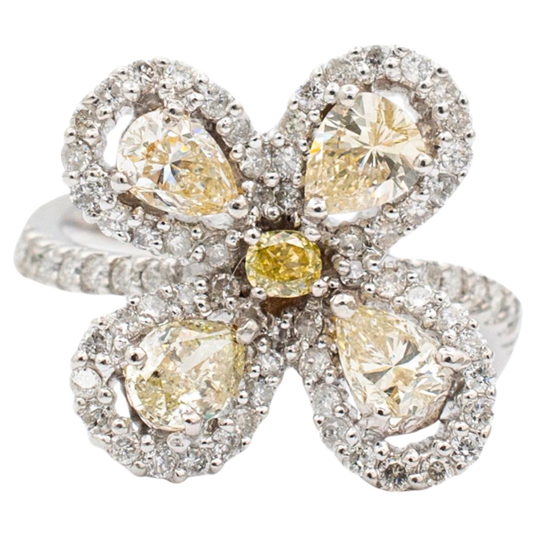 Ladies 18K White Gold Twisted Shank Fancy Yellow Diamond Flower Cocktail Ring